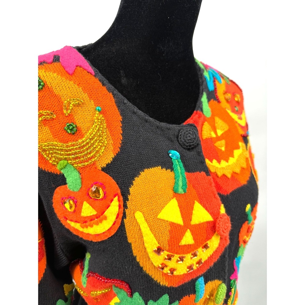 Michael Simon Womens Crew Neck Cardigan Medium Black Halloween Pumpkin Cotton - Picture 8 of 13